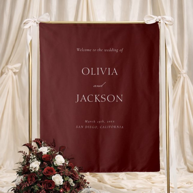 Burgundy Wedding Welcome Sign Fabric Tapestry (Creator Uploaded)