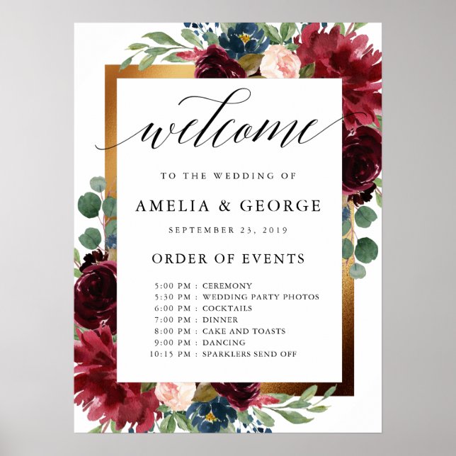 Burgundy welcome order of events wedding sign (Front)