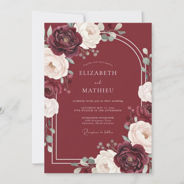 Burgundy Whimsical Blossom Wedding Invitation (Front)