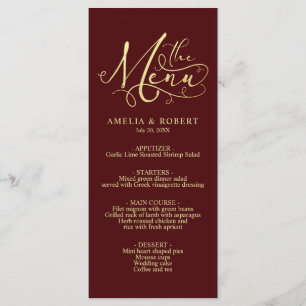 Burgundy Whimsical Elegant Gold Calligraphy Menu