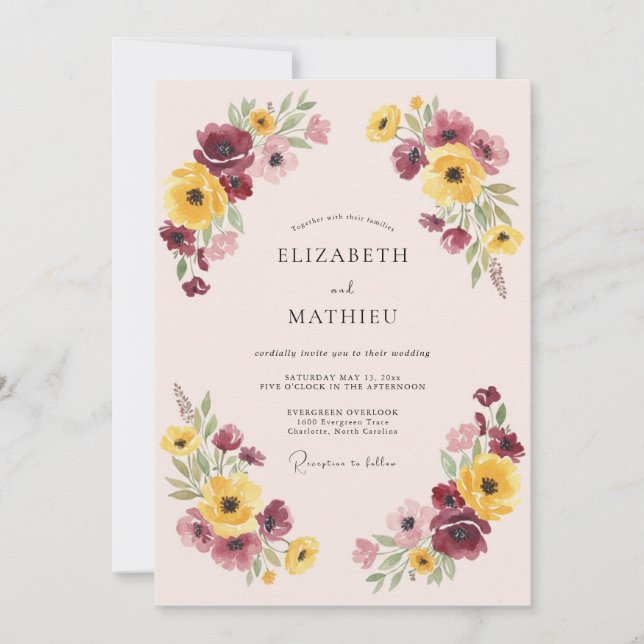 Burgundy Whimsical Floral Wedding Invitation (Front)