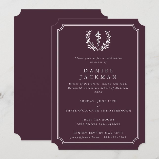 Burgundy/White Asclepius Medical School Graduation Invitation (Front/Back)
