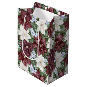 Burgundy White Blue Floral Christmas Medium Gift Bag