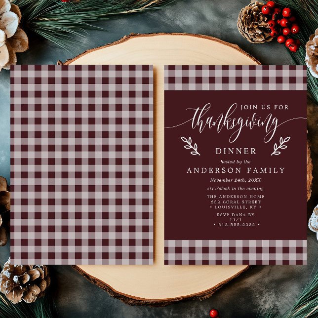 Burgundy & White Buffalo Check Thanksgiving Dinner Invitation (Creator Uploaded)