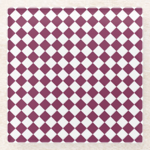 Burgundy White Checker Diamond Pattern Glass Coaster