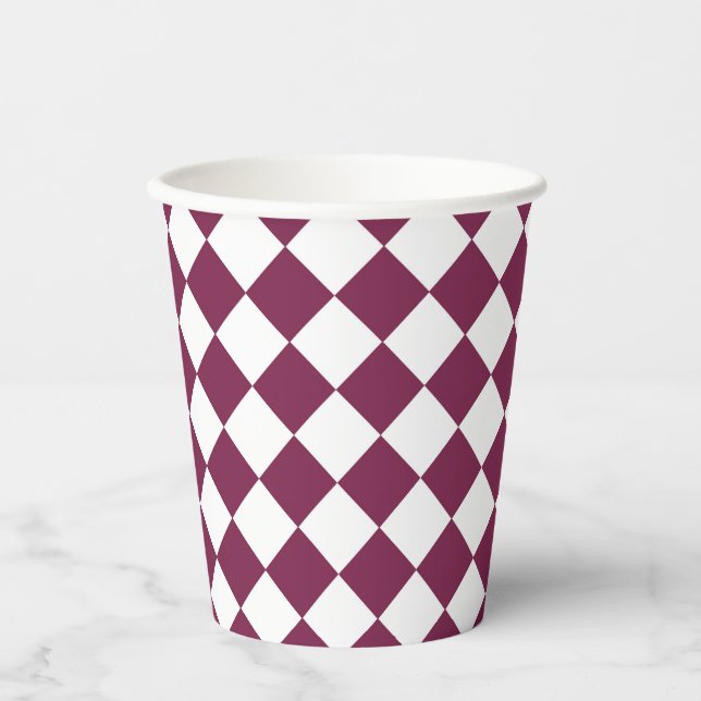 Burgundy White Checker Diamond Pattern Paper Cups (Front)