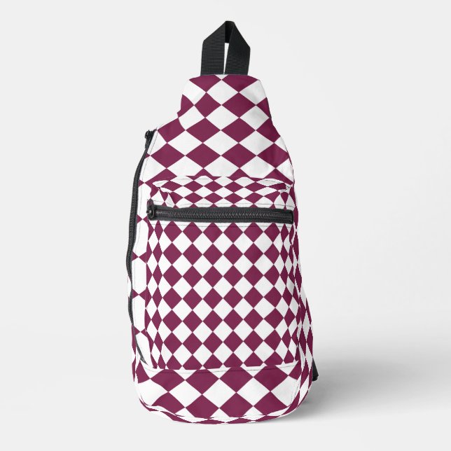 Burgundy White Checker Diamond Pattern Sling Bag (Front)