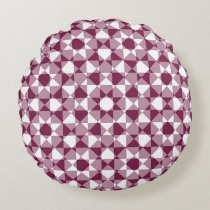Burgundy White Checker Diamond Plaid Pattern Round Cushion