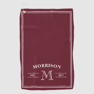 Burgundy White Elegant Monogram Golf Towel