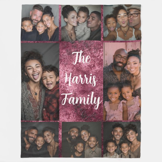 Burgundy White Family Photo Collage Fleece Blanket (Front)