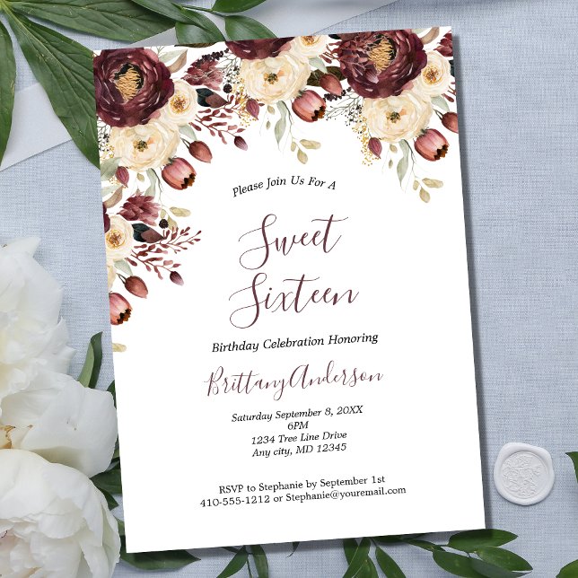 Burgundy White Floral Botanical Sweet Sixteen 16 Invitation (Burgundy Maroon White Floral Botanical Formal Sweet Sixteen Birthday Party Invitation)