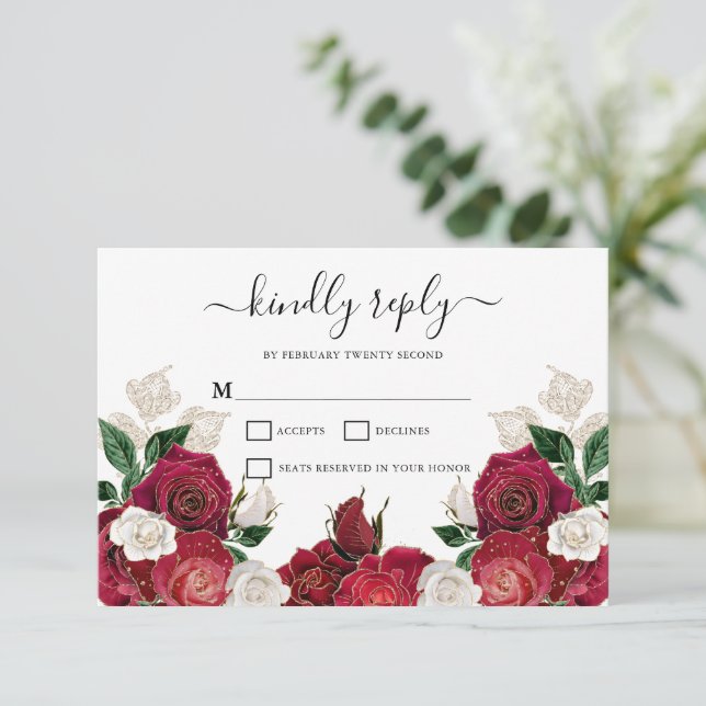 Burgundy & White Floral Elegant Wedding RSVP Card (Standing Front)