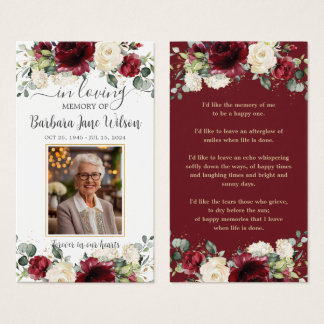 Burgundy White Floral Funeral Memorial Bookmark