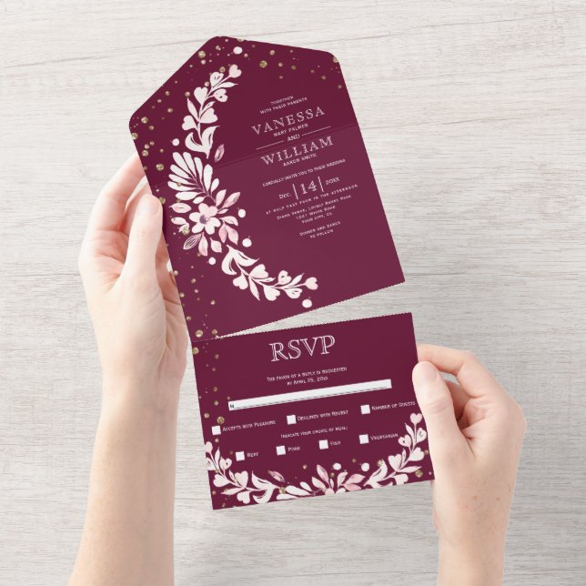 Burgundy, white floral garland with hearts wedding all in one invitation (Tearaway)