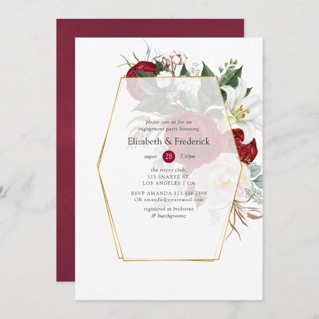 Burgundy & White Floral Geometric Engagement Party Invitation (Front/Back)