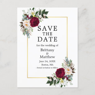 Burgundy White Floral Gold Frame Save The Date Postcard