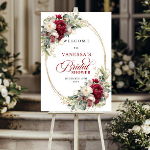 Burgundy white floral gold greenery bridal shower  poster