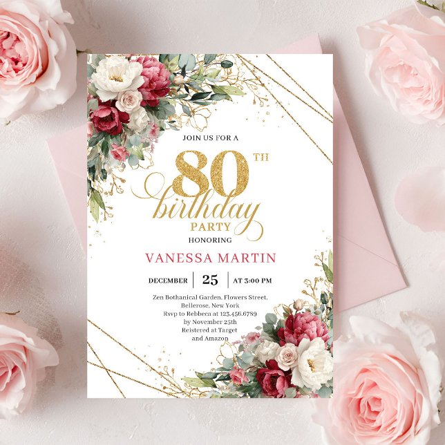 Burgundy white floral greenery style 80th birthday invitation (Burgundy white floral greenery style 80th birthday invitation

)