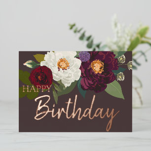 Burgundy White Floral Happy Birthday Real Gold