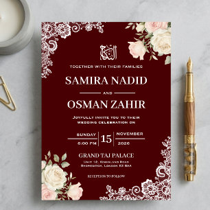 Burgundy White Floral Lace Nikkah Muslim Wedding Invitation