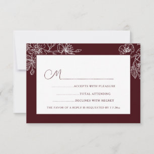Burgundy White Floral Line Art RSVP Card