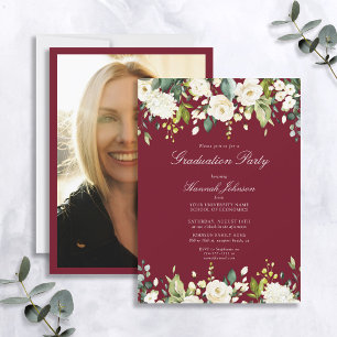 Burgundy White Floral Photo Graduation Party Invitation