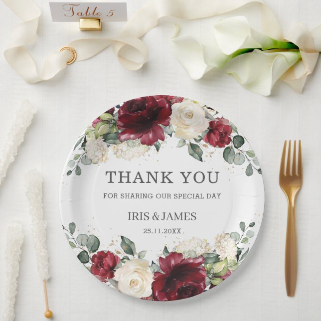 Burgundy White Floral Rose Wedding Shower Birthday Paper Plate (Wedding)