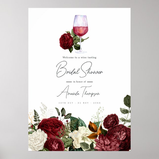 Burgundy & White Floral Wine Tasting Bridal Shower Poster (Front)