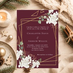 Burgundy white florals gold geometric wedding invitation