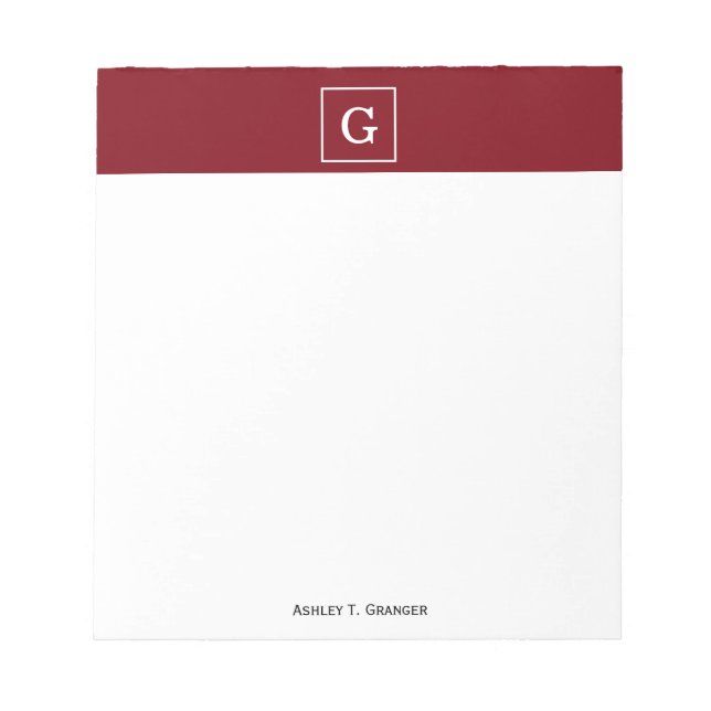 Burgundy White Framed Initial Monogram Notepad (Front)