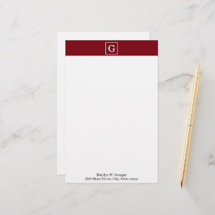 Burgundy White Framed Initial Monogram Stationery