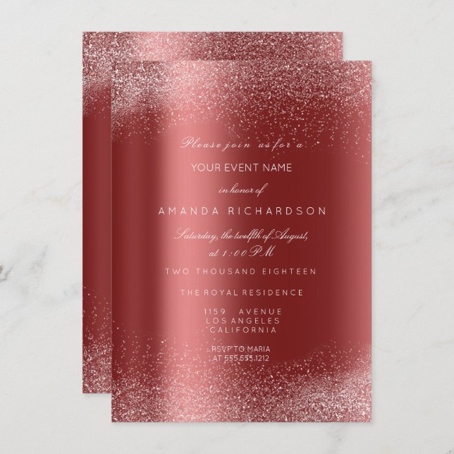 Burgundy White Glitter Leafs Sand Frame Glam Invitation (Front/Back)