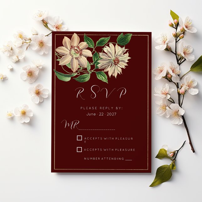 Burgundy white green floral botanic RSVP Invitation (Burgundy white green floral botanic RSVP)