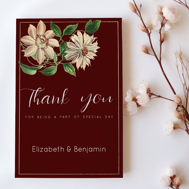 Burgundy white green floral botanic Thank You Invitation (Burgundy white green floral botanic Thank You)