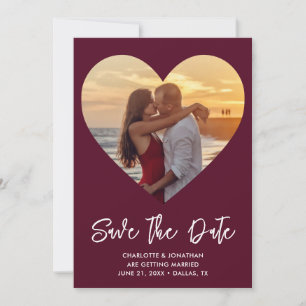 Burgundy & White Heart Cutout Wedding Photo Save The Date