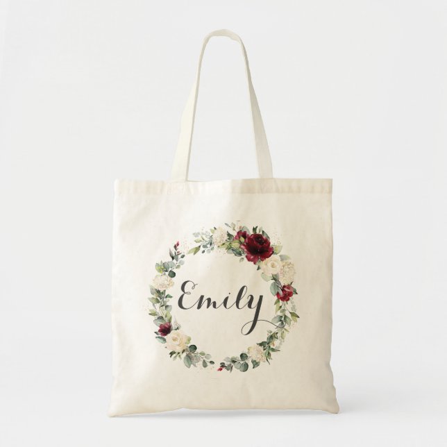 Burgundy White Ivory Floral Flowers Wedding Favour Tote Bag (Front)