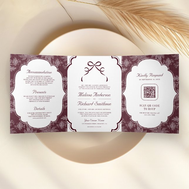 Burgundy White Lace Coquette Bow QR Code Wedding Tri-Fold Invitation (Creator Uploaded)