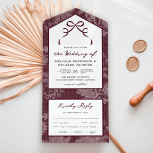 Burgundy White Lace Coquette Bow Wedding All In One Invitation