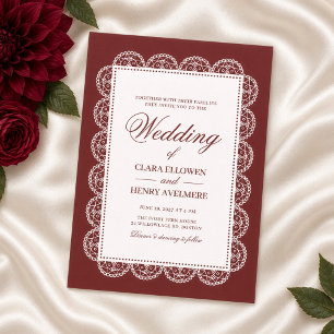Burgundy White Lace Frame Vintage Wedding Invitation