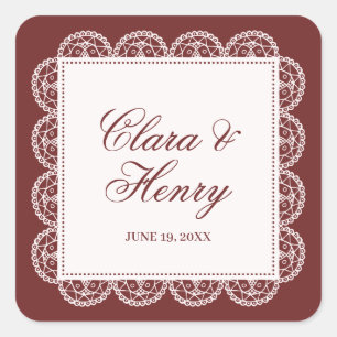 Burgundy White Lace Frame Wedding Favour Square Sticker
