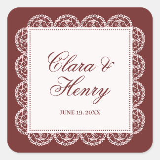 Burgundy White Lace Frame Wedding Favour Square Sticker