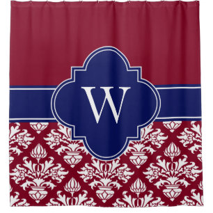 Burgundy White LG Damask #3 1ICBR Navy Monogram Shower Curtain
