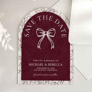 Burgundy White Line Art Bow Wedding Save the Date Acrylic Invitations