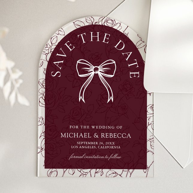 Burgundy White Line Art Bow Wedding Save the Date Acrylic Invitations (Creator Uploaded)