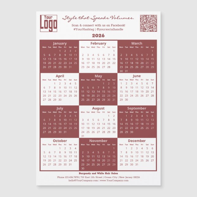 Burgundy White Logo QR-code 2026 Calendar Magnet (Front)