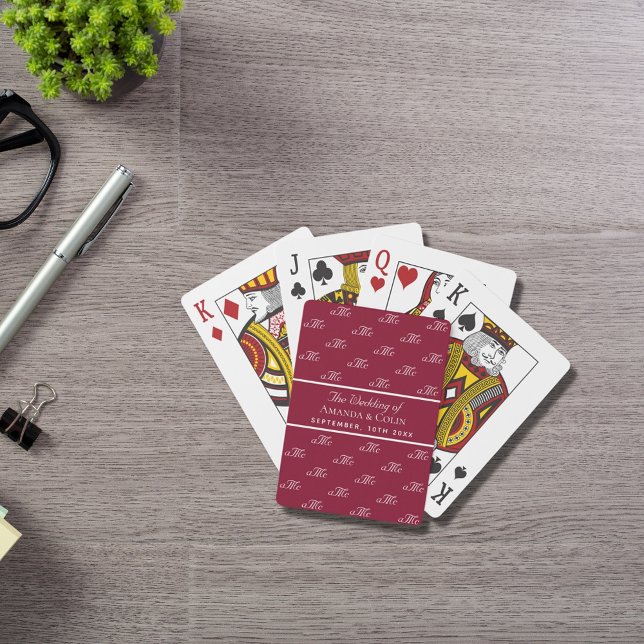 Burgundy white monogram couple initials wedding playing cards (Creator Uploaded)