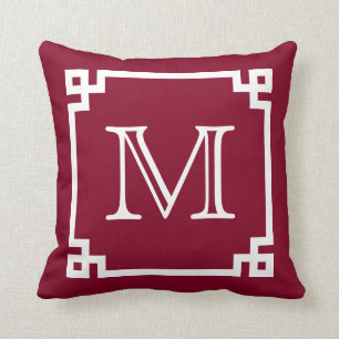 Burgundy White Monogram White Greek Key Cushion