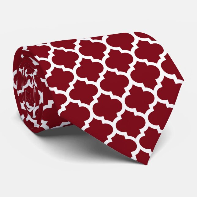 Burgundy White Moroccan Quatrefoil Pattern #5 Tie (Rolled)