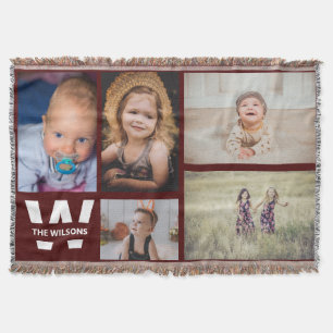 Burgundy White Multiple Photos Custom Monogram Throw Blanket