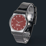 Burgundy White, Name, Casual Mens Black Band Wrist Watch<br><div class="desc">This casual simple minimalist modern wrist watch for him is decorated with a burgundy background, white letters, rugged black silicone band, and personalised with your name. You can easily change the name and delete the white numbers if desired. What a wonderful gift for a groomsman, best man, graduation, father's day,...</div>